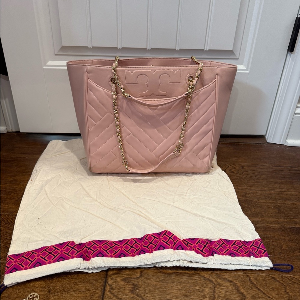 Tory Burch Elegant Pink Quilted Tote Bag